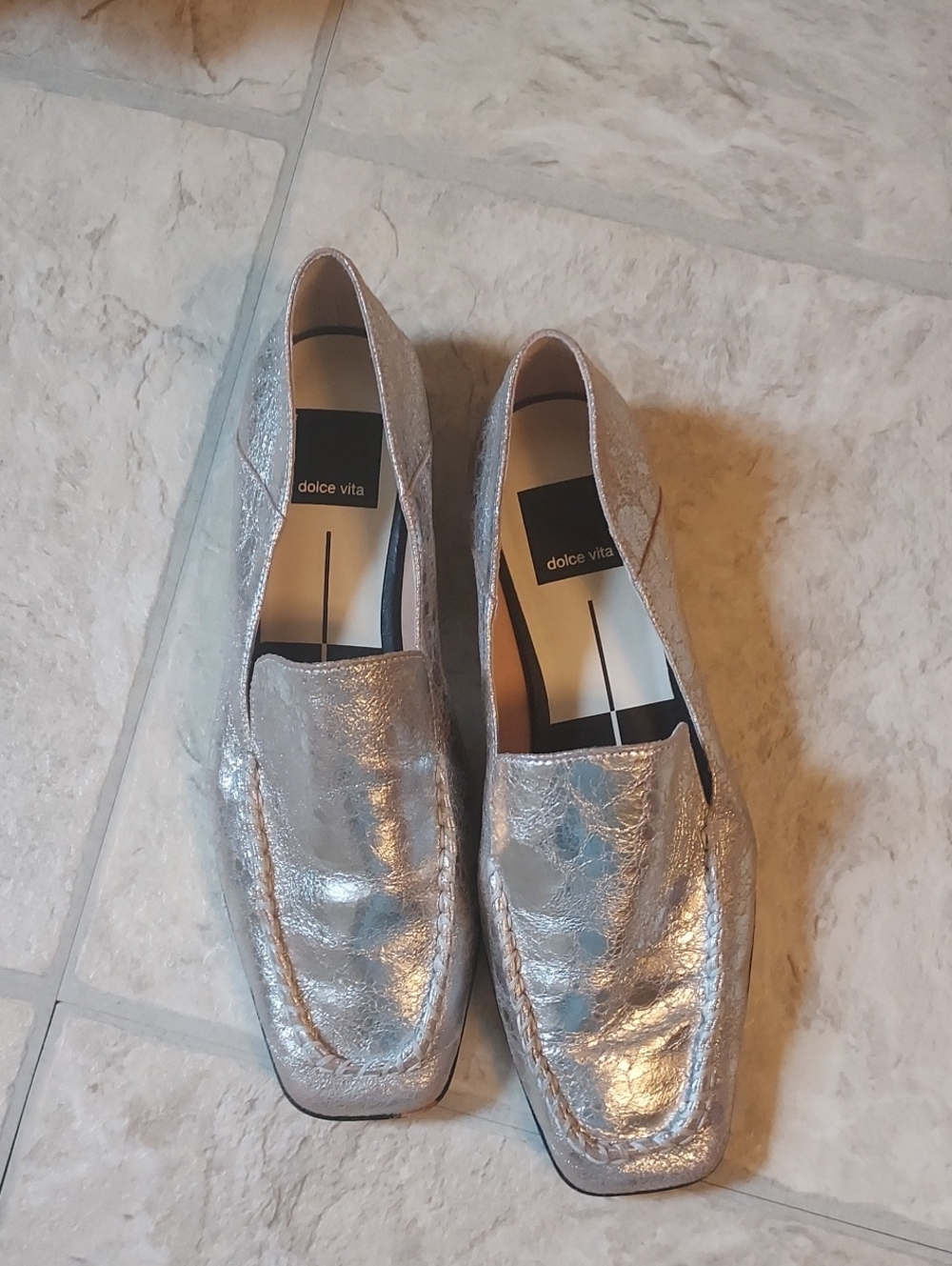 Dolce Vita Distressed Metallic Silver Leather Slip-On Loafers